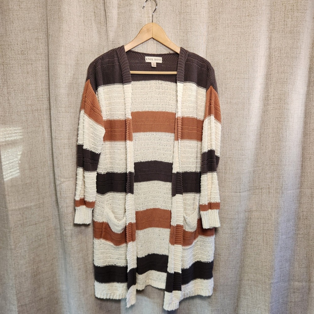 Knox Rose Loose Knit Open Front Cardigan Women's‎ M Brown Striped Pockets